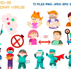 May include: A set of 13 colorful cartoon illustrations related to the COVID-19 pandemic. The illustrations include a person wearing a hazmat suit, a stop sign, a person wearing a mask, a person sneezing, a person coughing, a person washing their hands, a person wearing a mask and gloves, a person wearing a mask and a cape, a person wearing a mask and a stethoscope, a person wearing a mask and a gown, a person wearing a mask and a hat, a person wearing a mask and a scarf, and a person wearing a mask and a hat.