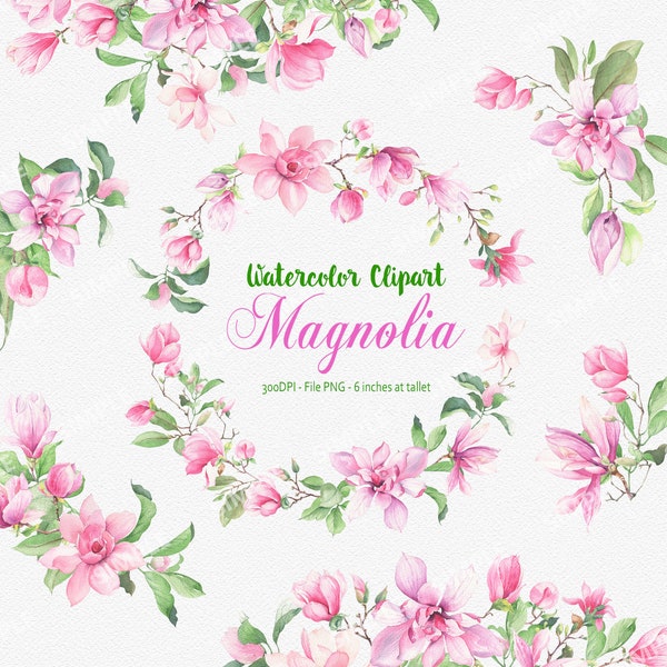 Watercolor magnolia clipart,Watercolor flowers,Floral watercolor design elements,Pink flowers,Hand painted watercolor tropical| WC.MG.02