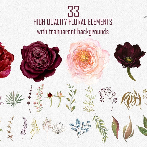 Element Marsala Blume Clipart, Marsala Blumen, Boho Bordo Aquarell Clipart, Burgund erröten Hochzeit, Blume Clipart Hochzeit | 01_C906EL