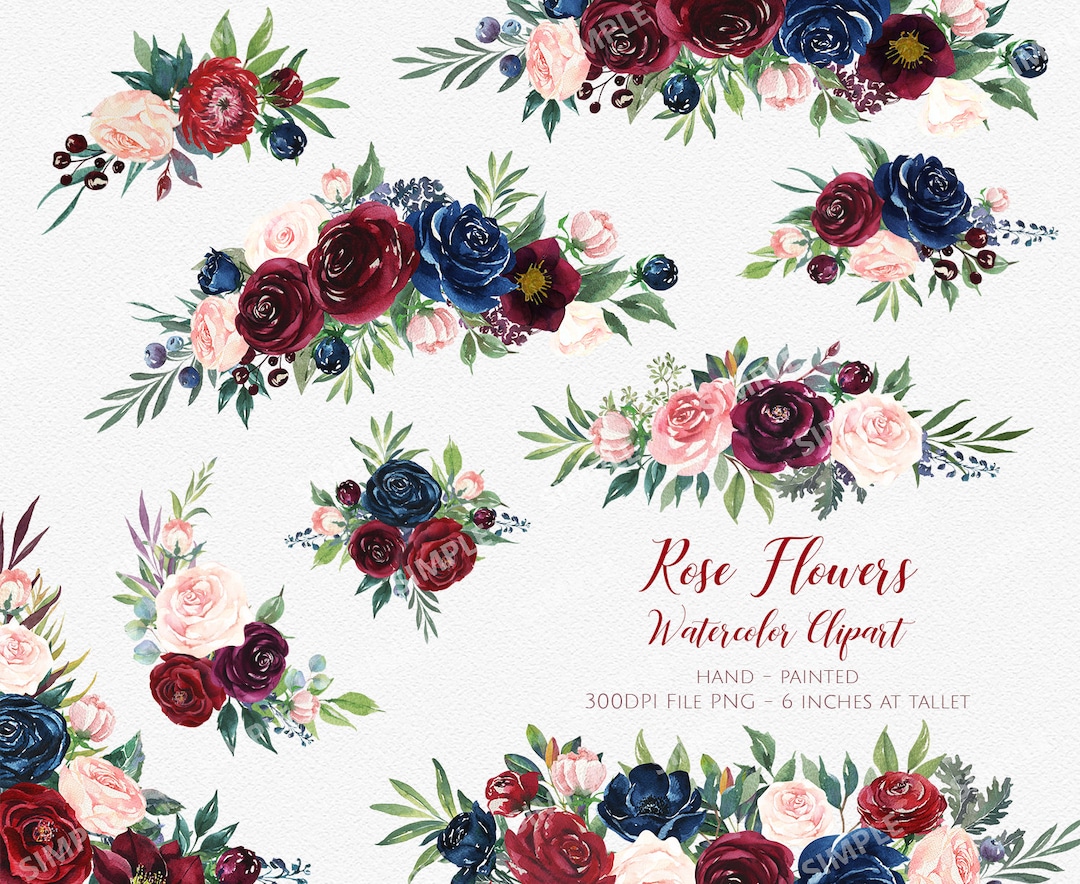 Marsala Flower Clipart,marsala Navy Watercolor Flowers,boho Bordo  Watercolor,burgundy and Navy Floral Watercolo,clipart Wedding| MGDX_10M -  Etsy, image size:1080x884