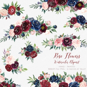 Marsala Flower Clipart,Marsala Navy Watercolor Flowers,Boho Bordo Watercolor,burgundy and navy floral watercolo,clipart wedding| MGDX_10M