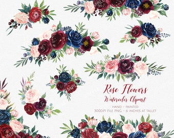 Clipart de flor Marsala, flores aquarela marinha Marsala, aquarela Boho Bordo, aquarela floral bordô e marinho, casamento clipart | MGDX_10M