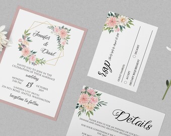 Wedding Flower Invitation Template,Floral Blush Wedding Invitation, Rose Wedding Invitations, Flower Wedding Invite | WEIN_68_05_PDF