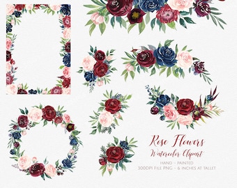 Clipart de flor Marsala,Flores aquarela Marinha Marsala,Clipart aquarela Boho Bordo,Casamento Blush Borgonha,Casamento de clipart de flores| MGDX_12M