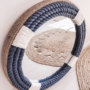 SMALL 41cm | 16inch BLUE Round Mirror  Natural Rope Twisted Jute Nautical Hampton Coastal Style Decorative Wall Art Hanging Mirror