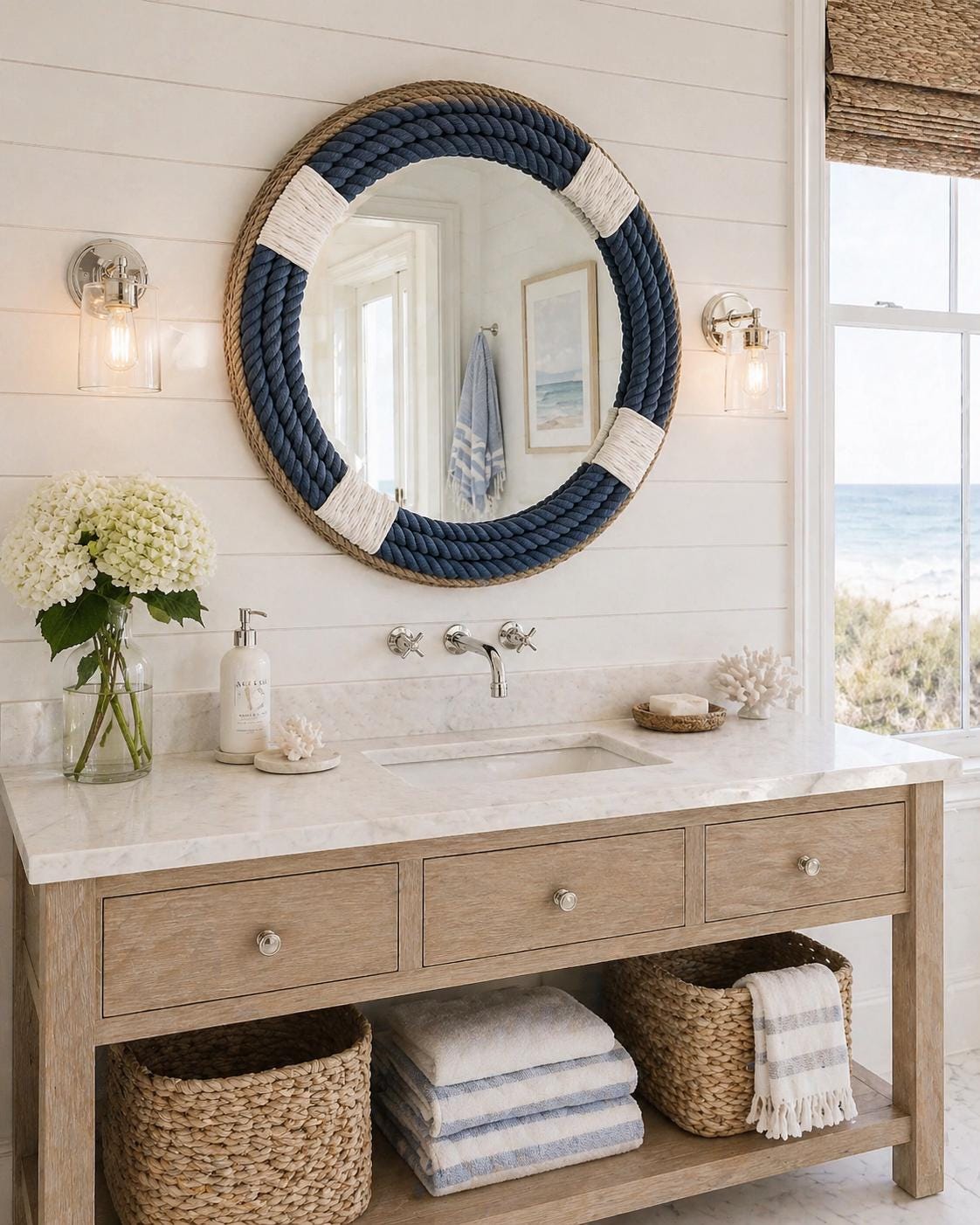 Large Blue Rope Mirror | Coastal Nautical Home Decor (80cm) - Etsy