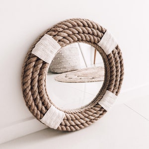 SMALL 41cm | 16inch Round Mirror Medium Natural Rope Twisted Jute Nautical Hampton Coastal Style Decorative Wall Art Hanging Mirror