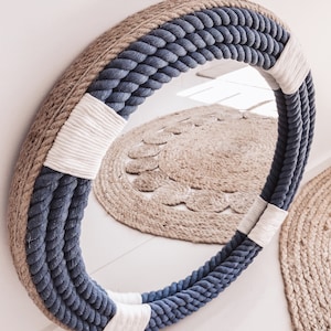 GRANDE specchio rotondo in corda Hampton Nautical Coastal BLU da 80 cm / 31,4 pollici, arredamento per la casa, grande specchio