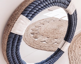 LARGE 80cm | 31.4inch BLUE Hampton Nautical Coastal Round Rope Mirror Home Decor Large Mirror