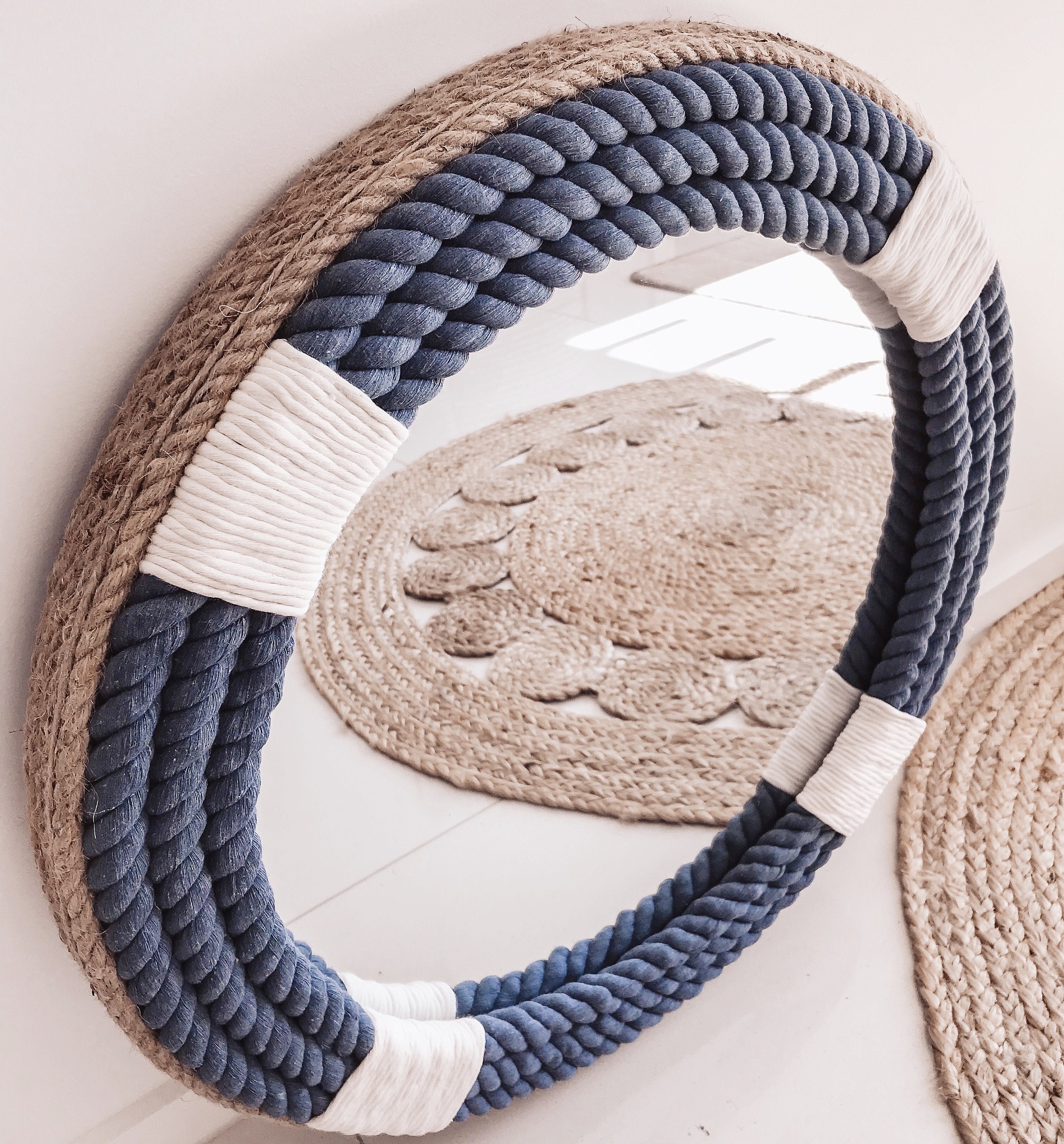 EXTRA LARGE 90cm | 35.4” BLUE Hampton Nautical Coastal Round Rope Mirror Home Decor Beach House Bathroom Living Room Mirror
