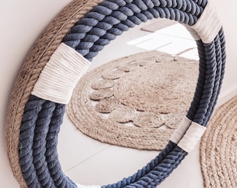 MEDIUM 60cm | 23.6&quot; BLUE Nautical Hampton Coastal Round Rope Mirror Twisted Rope Home Decor Art Wall Hanging Medium Mirror
