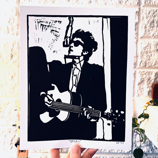 Linocut Print “Dylan”/Bob Dylan Art/Guitar/The Village/Bob Dylan 1960s