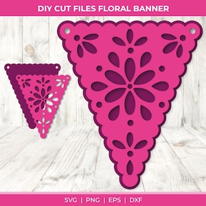 Puede incluir: Archivos de corte DIY para una pancarta floral. La pancarta es rosa y tiene una forma triangular con un diseño floral. El texto "DIY CUT FILES FLORAL BANNER" está en la parte superior de la imagen.