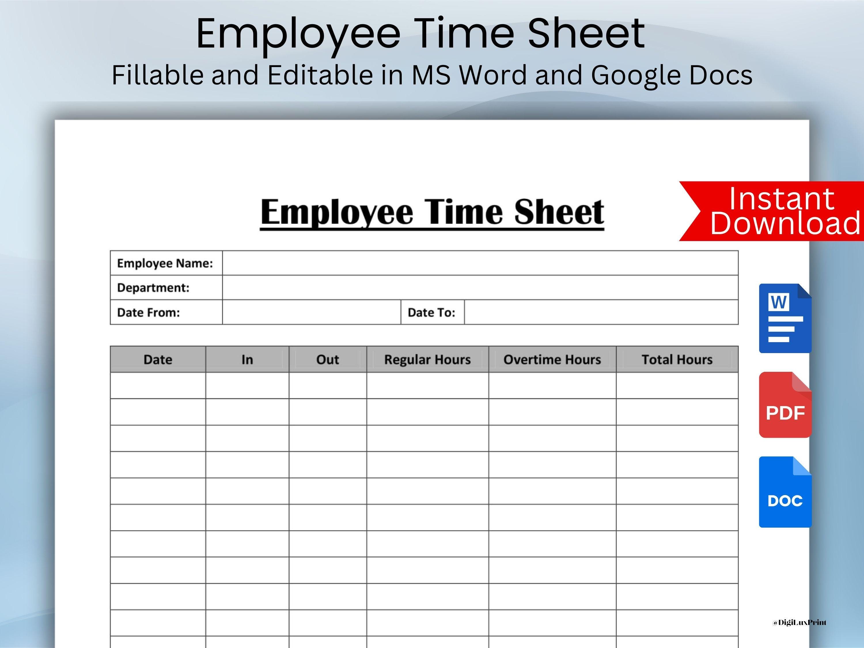Workers Time Sheet.pdf Employee Time Sheet Printable, Editable & Fillable, Time Log, Time Card ...