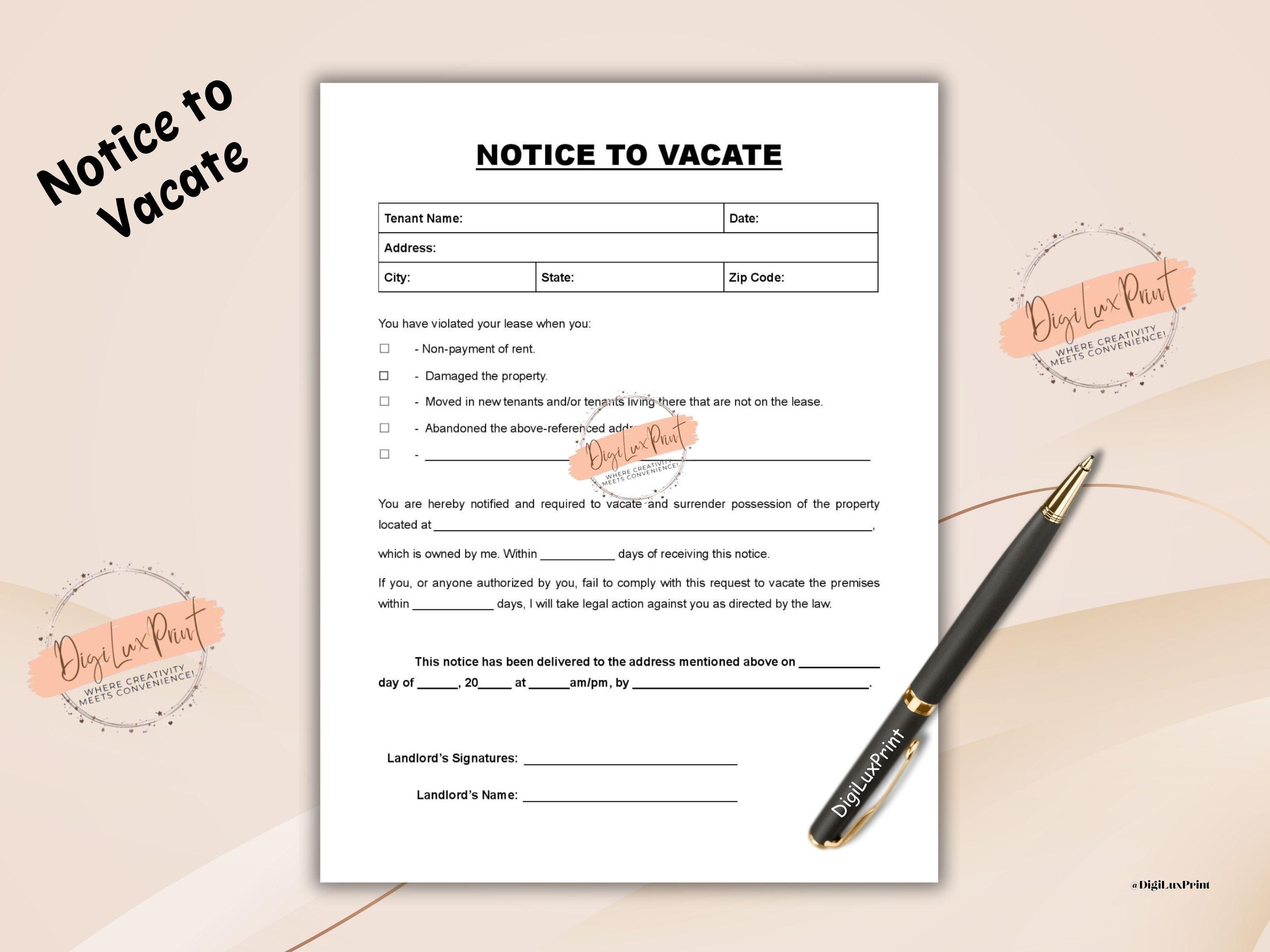 Editable Notice to Vacate Template Eviction Notice Form Lease ...