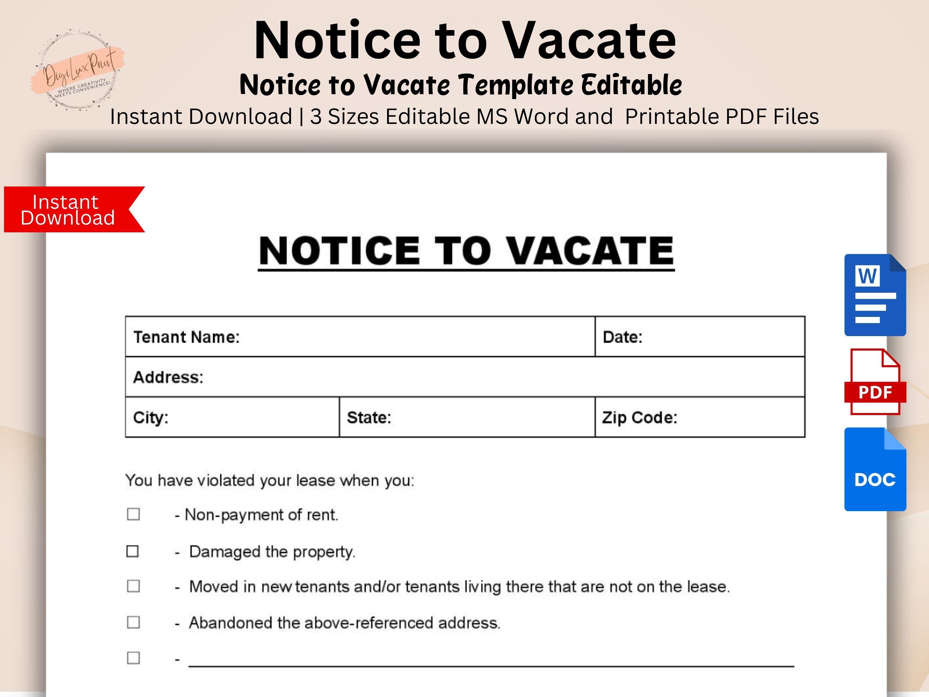 Editable Notice to Vacate Template Eviction Notice Form Lease ...