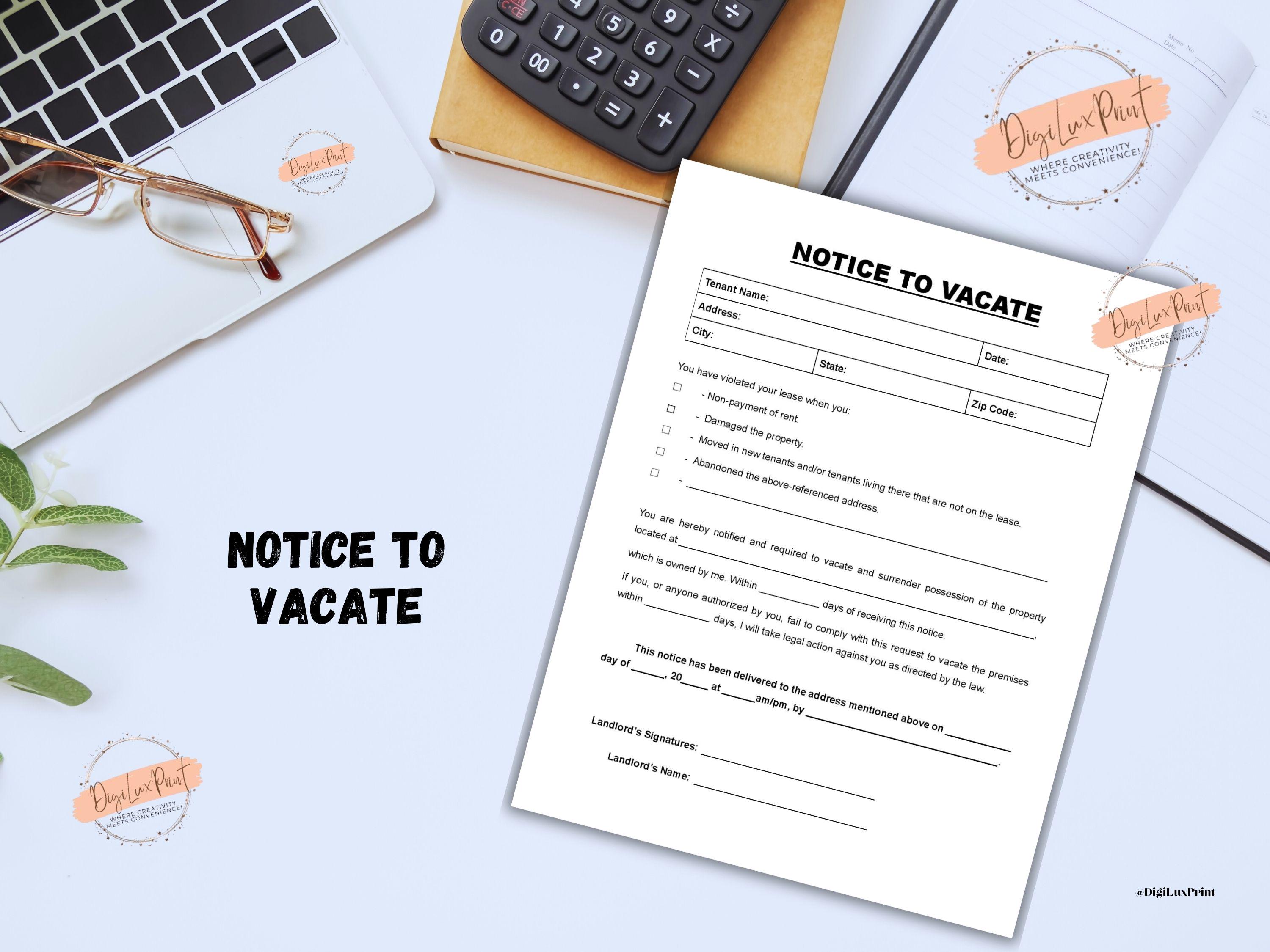 Editable Notice to Vacate Template Eviction Notice Form Lease ...