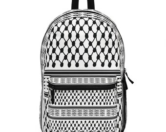 May include: A black and white patterned backpack with a zippered front pocket. The pattern is a traditional Palestinian keffiyeh design.