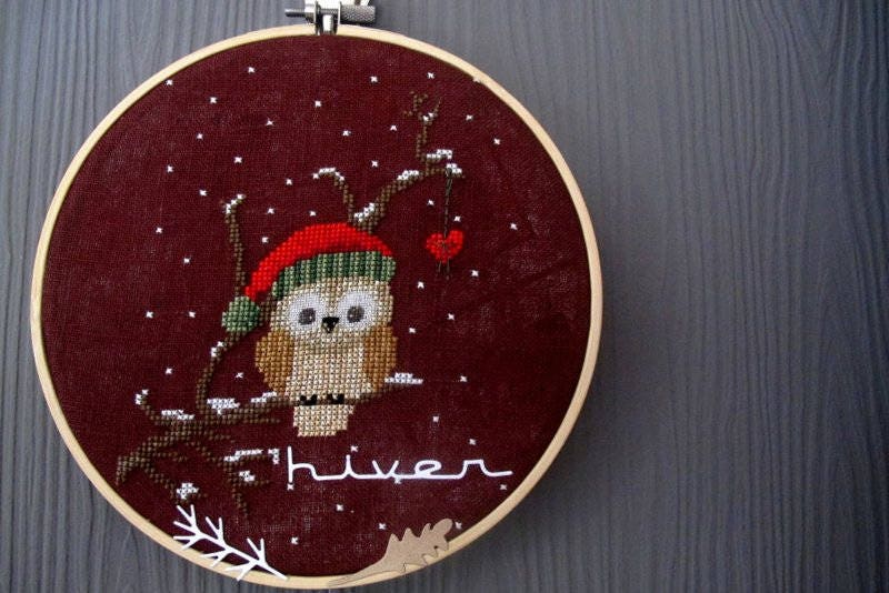 Tableau Chouette Brodée Sous Cadre Rond