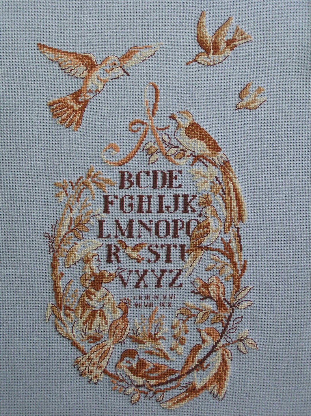 Broderie Fine Abécédaire Aux Oiseaux Au Point de Croix