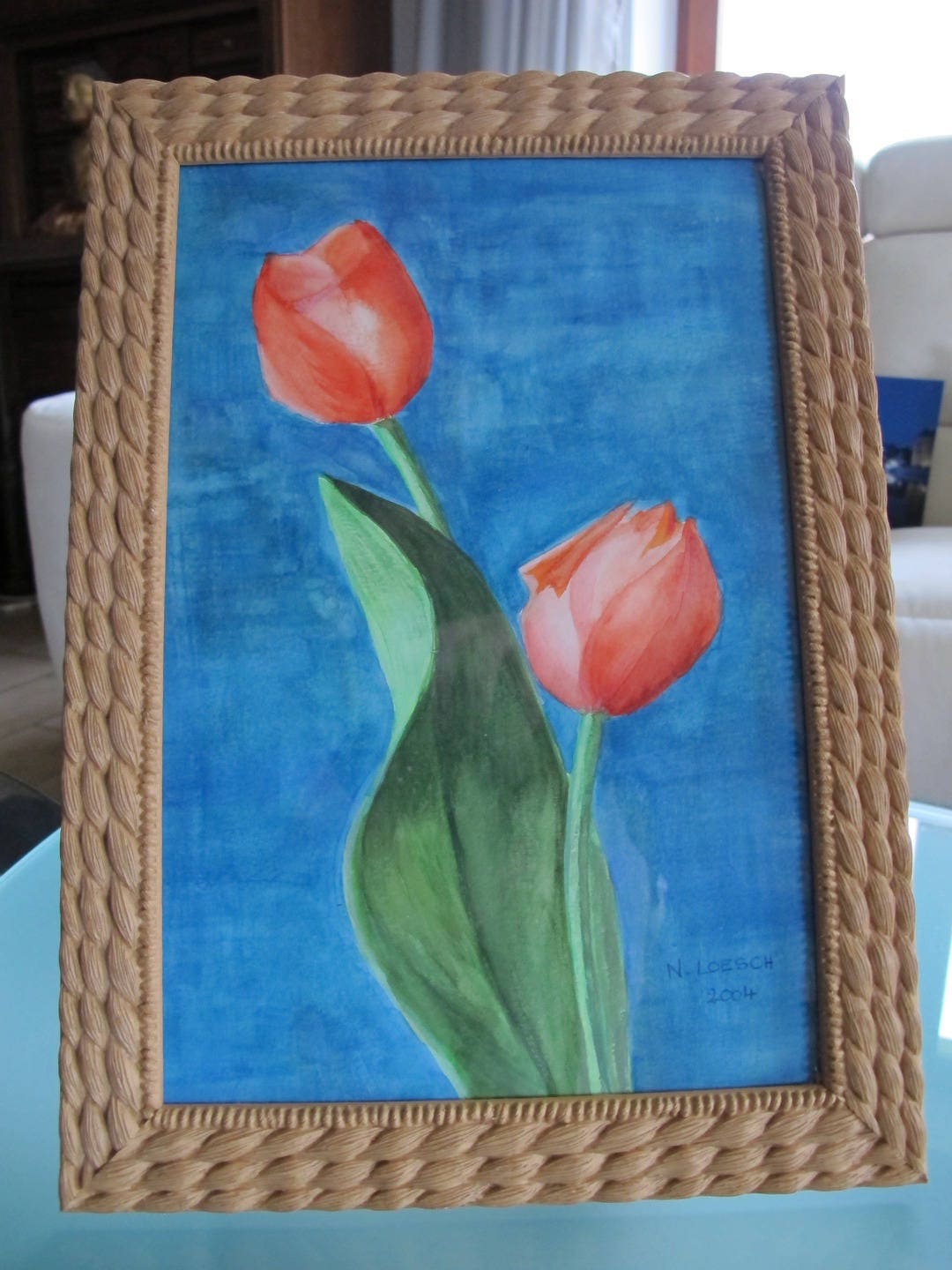 Tableau d'une Aquarelle de Tulipes Cadre Caramel
