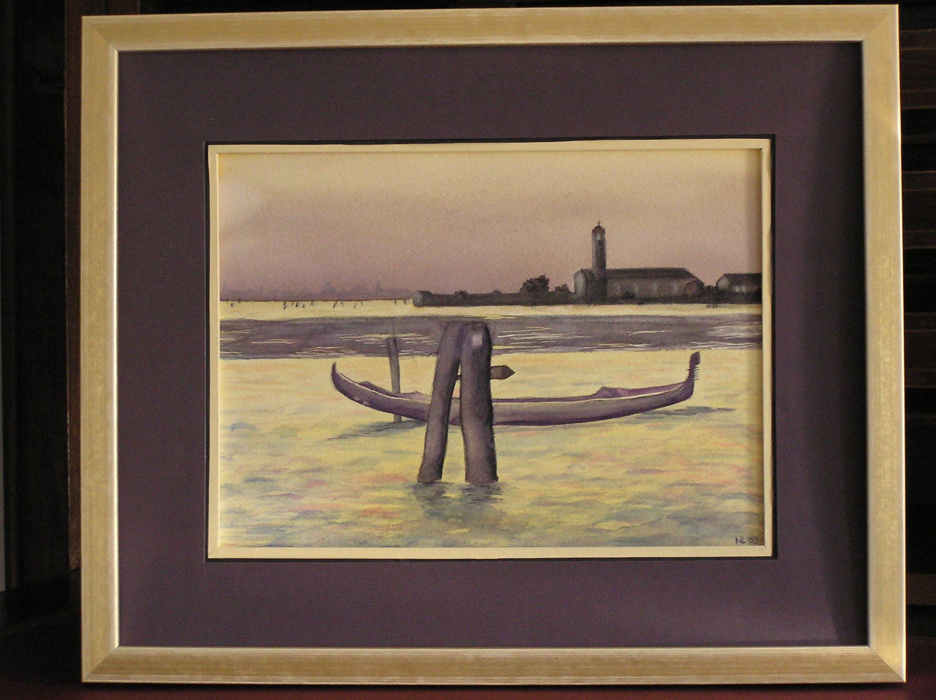 Tableau Aquarelle de Venise Gris Violacé et Jaune