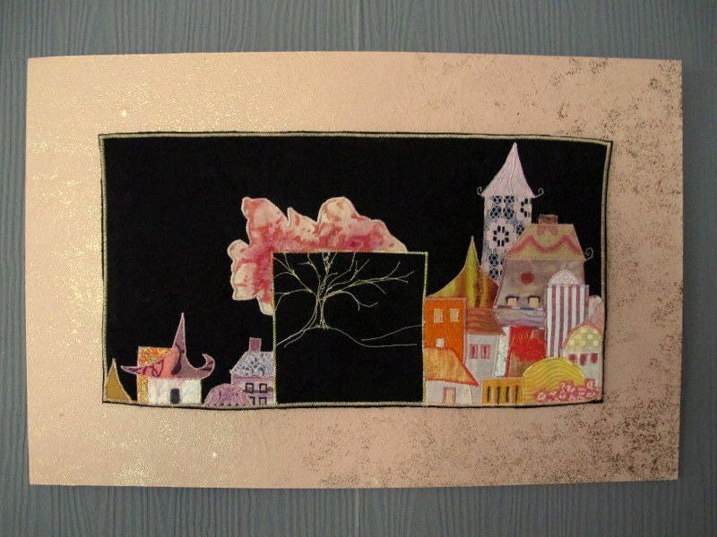 Tableau d'art Textile Maisonnettes en Appliqué