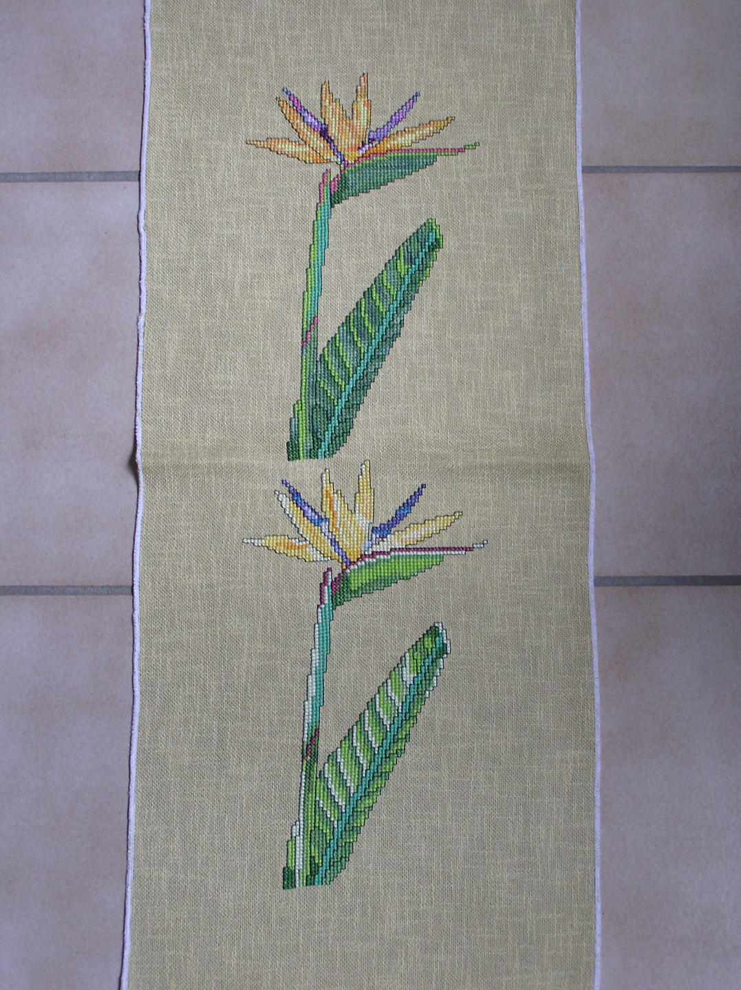 Broderie de Deux Strelitzias Au Point Croix