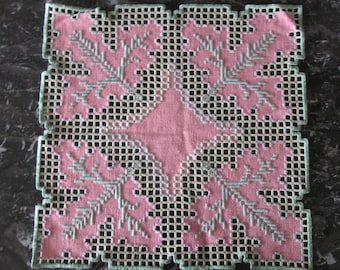 Pink and green Hardanger embroidered doily