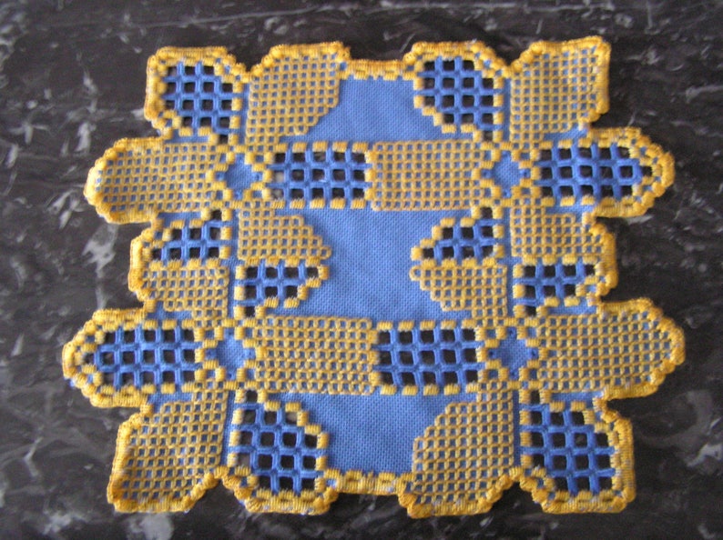 Small blue and yellow Hardanger doily image 1