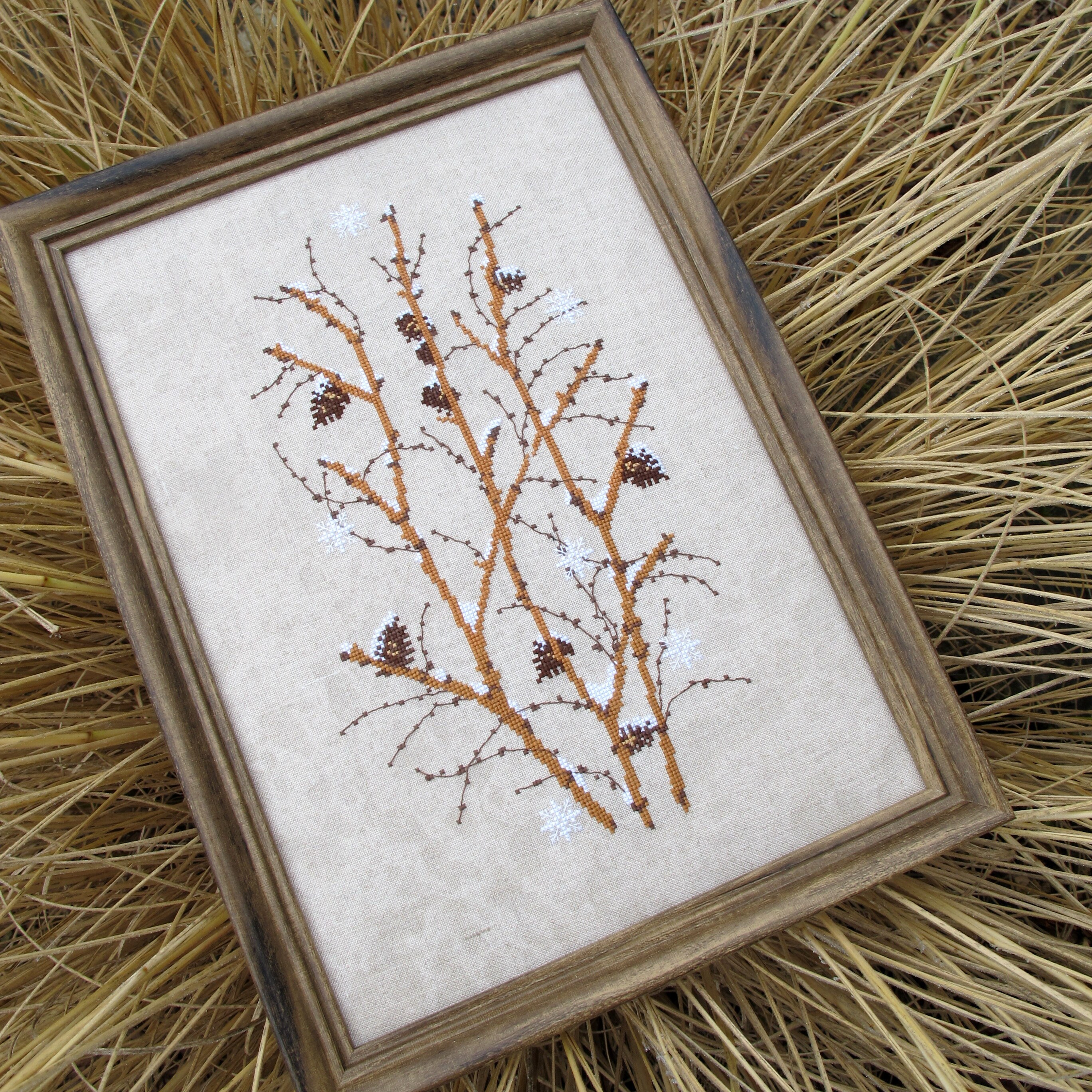 Tableau Brodé Branchage Enneigé