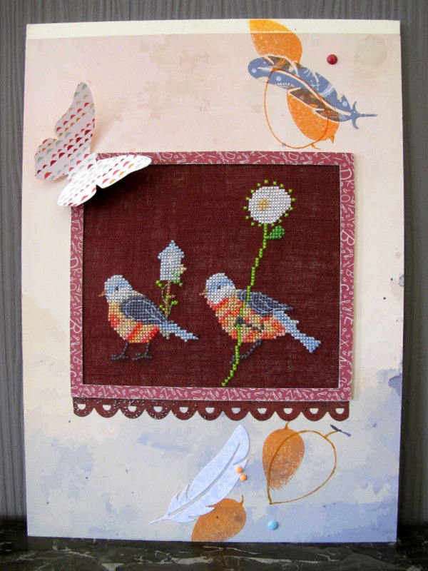 Tableau Deux Oiseaux Brodés avec Plumes