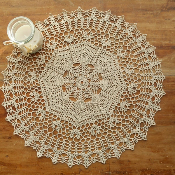 Napperon rond au crochet beige de 35 cm de diamètre, Décoration d'intérieur, Idée cadeau pour la maison.