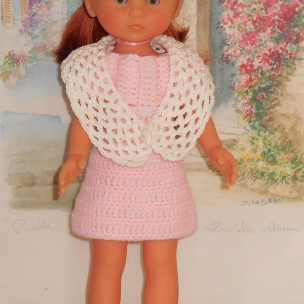 Ensemble robe rose et étole écrue au crochet pour poupée