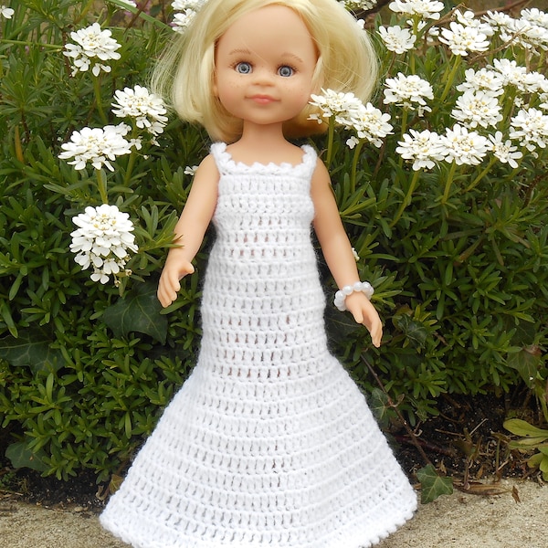 Robe de soirée blanche pour poupée Paola Reina ou Chérie, Robe blanche au crochet et son étole rose pour poupée, Ensemble pour poupée.