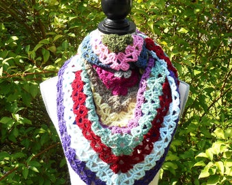 Multicolored hand crocheted wool shawl