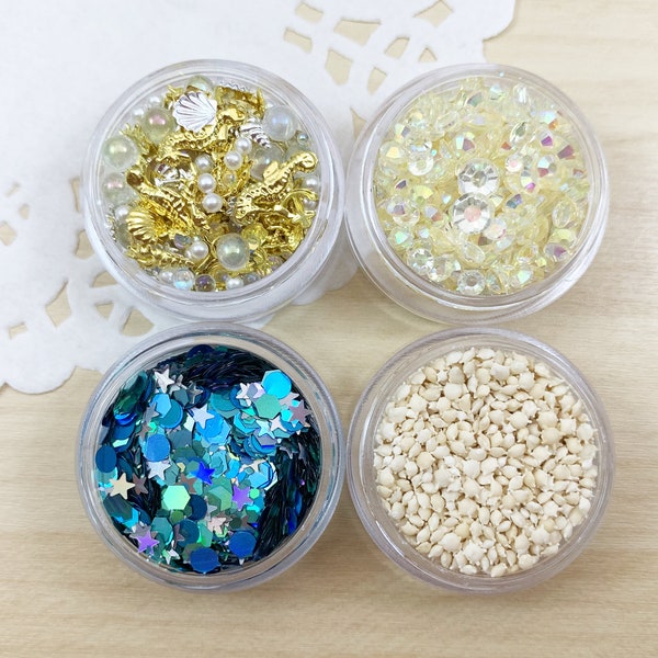 Beach Theme Embellishments | Resin Inclusions, Nail Art | Microbeads, Star Sand, Glitter, Metal Parts, Charms, Rhinestones - Set of 4