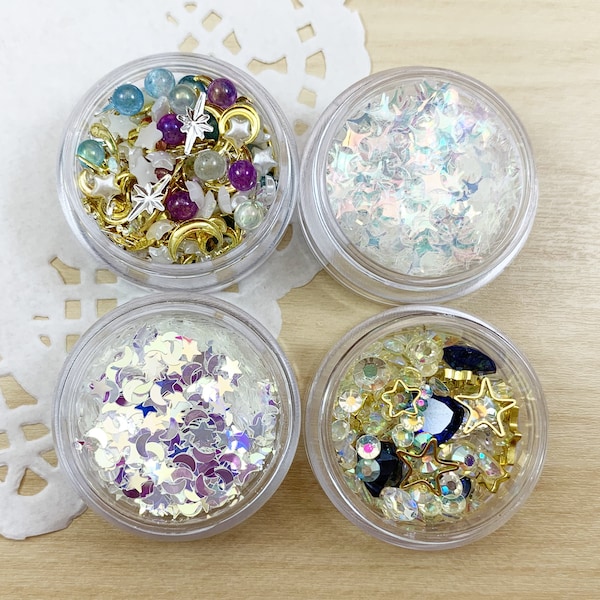 Starry Theme Embellishments | Moon Star Resin Inclusions | Microbeads, Metal Parts, Rhinestones, Glitter for Nail Art & Crafts - Set of 4