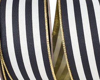 Ribbon for wreaths, Designer ribbon, 2.5" ribbon, Striped Sparkle Fused Metallic, Black and White ribbon, 10 YD, black white stripes