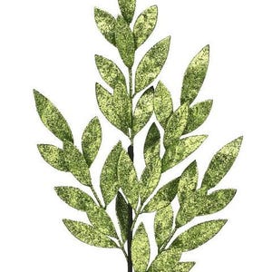 May include: A decorative artificial plant stem with multiple green leaves. The leaves have a textured, glittery appearance and are arranged along a dark stem. The plant is set against a white background.