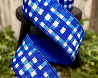 Ribbon for wreaths, Designer ribbon, 2.5" ribbon, wired ribbon, Royal Blue and white check ribbon, Watercolor Checks Deluxe ribbon, 10 yds