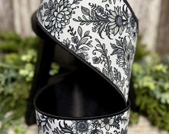 Spring Ribbon for wreaths, Designer ribbon, 4" ribbon, White/Grey/Black Chinoiserie ribbon, 2-sided ribbon, 10 yds, floral ribbon