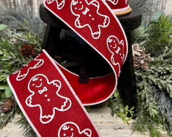 Gingerbread Ribbon,  Ribbon for wreaths, Velvet ribbon, 2.5" ribbon, Christmas wreath, Red Linen Gingerbread on Red