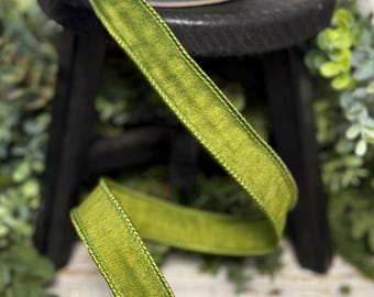 Ribbon for wreaths, Narrow ribbon, 7/8"" ribbon, Spring ribbon, wired ribbon, wreath supplies, Dupion ribbon, 10 yds, moss green ribbon