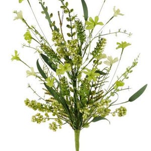 May include: A vibrant artificial flower bouquet featuring a mix of green and light yellow blossoms, berries, and foliage. The bouquet has a green stem and is set against a white background. Perfect for home decor.