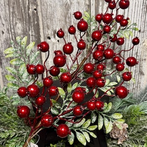 May include: A decorative artificial floral spray featuring numerous glossy, deep red berries attached to thin brown stems. The arrangement includes small, pointed green leaves with a light dusting of white, frosted texture throughout the foliage.