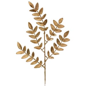 May include: A decorative artificial branch featuring multiple stems with small, oval-shaped leaves in a metallic gold finish. The leaves have a textured, slightly weathered appearance, and the branch structure extends upward into three distinct sections.