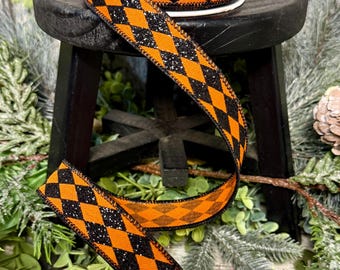 Halloween ribbon, Designer ribbon, 7/8" ribbon,  glitter harlequin ribbon, 10YD, Ribbon for wreaths, Harlequin ribbon, orange and black