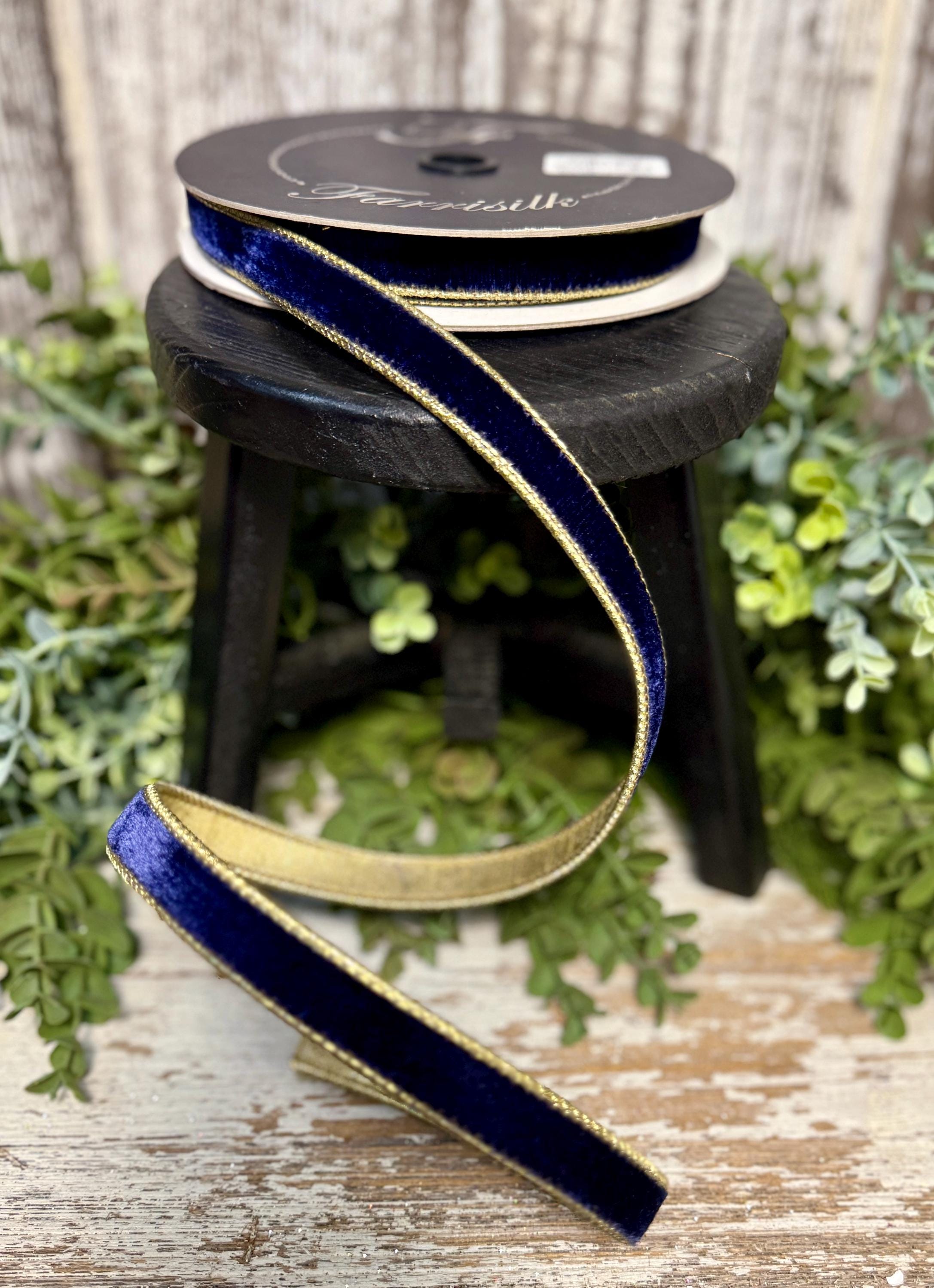Flashy velvet Ribbon, Ribbon for wreaths, Designer ribbon, 3/4" ribbon, Farrisilk ribbon, wreath supplies, Navy blue velvet ribbon, 10 yards