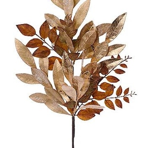 May include: A decorative botanical stem featuring a mix of metallic gold-toned leaves and smaller, darker brown foliage. The arrangement is composed of multiple branches extending from a single thin, dark brown central stalk, creating a layered effect.